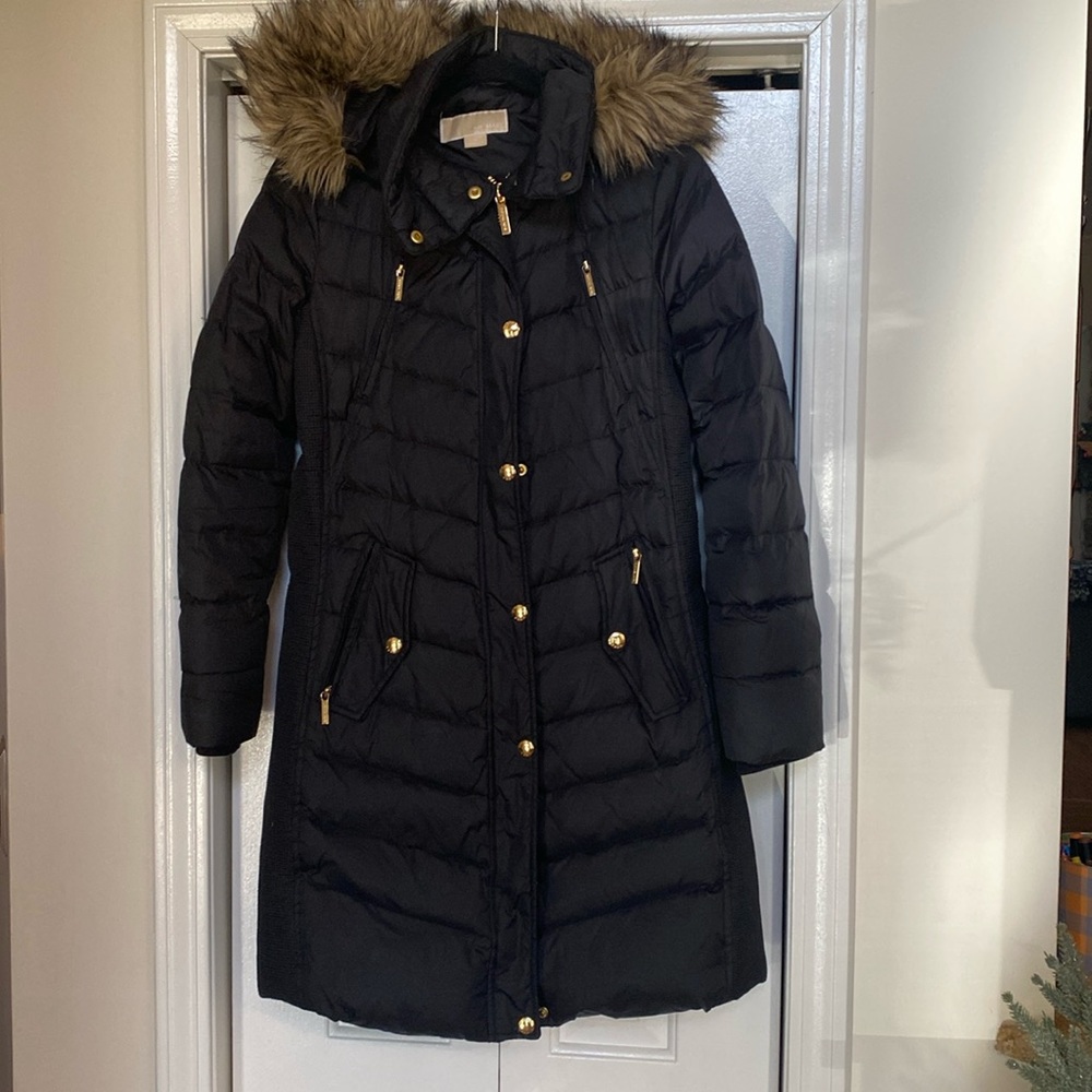Michael Kors black puffer jacket with faux fur trimmed hood.